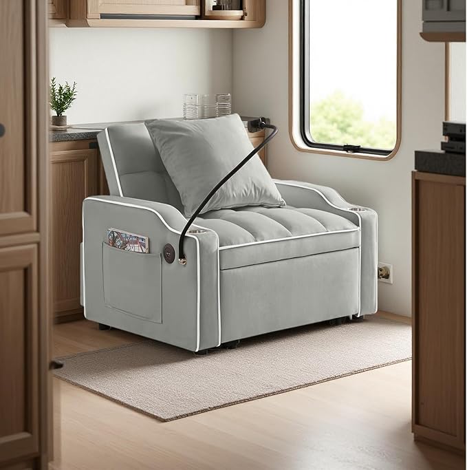 3 in 1 Convertible Sleeper Sofa Bed with Phone Holder 35'' Pull Out Sofa Bed Recliner with Adjustable Backrest Velvet Fabric Sleeper Couch Single Modern Chair for Small Space &amp RV Gray