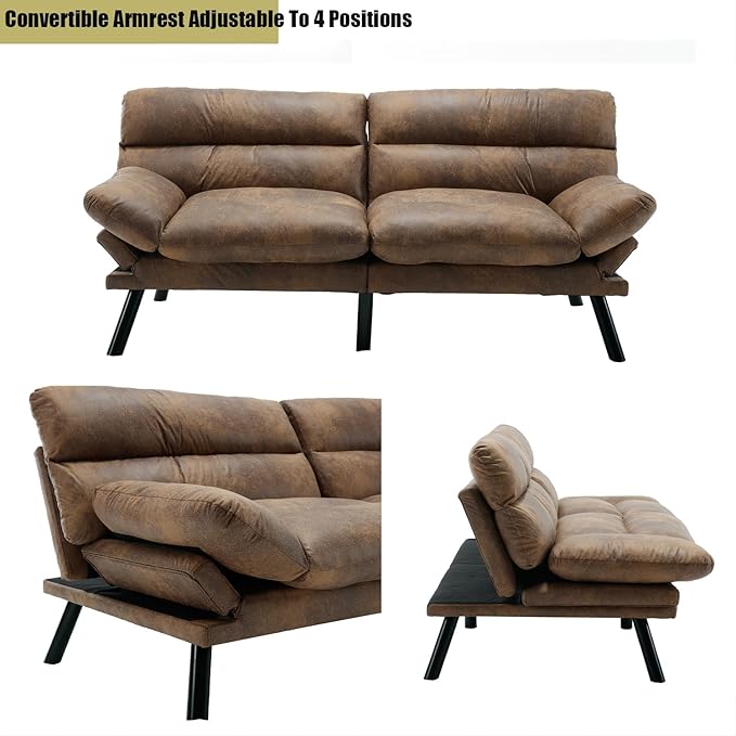 70 Modern Microsuede Convertible Folding Futon Couch Sofa Bed Adjustable Pillow Top Arm Memory Foam Couch Double Loveseat Sofa for Compact Living SpaceDormGame StudioApartmentBedroom (Coffee)