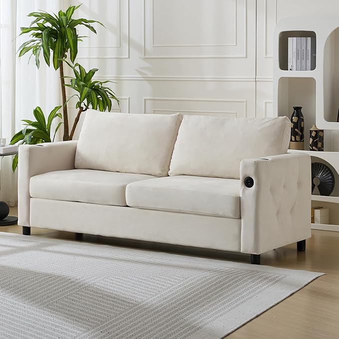 PUREMIND Queen Pull Out Sofa Bed 2-in-1 Velvet Sleeper Sofa with USB &amp Cup Holders 67 Sleeper Loveseat Couch Bed with Folding Mattress Pull Out Couch for Living Room Small Spaces Beige