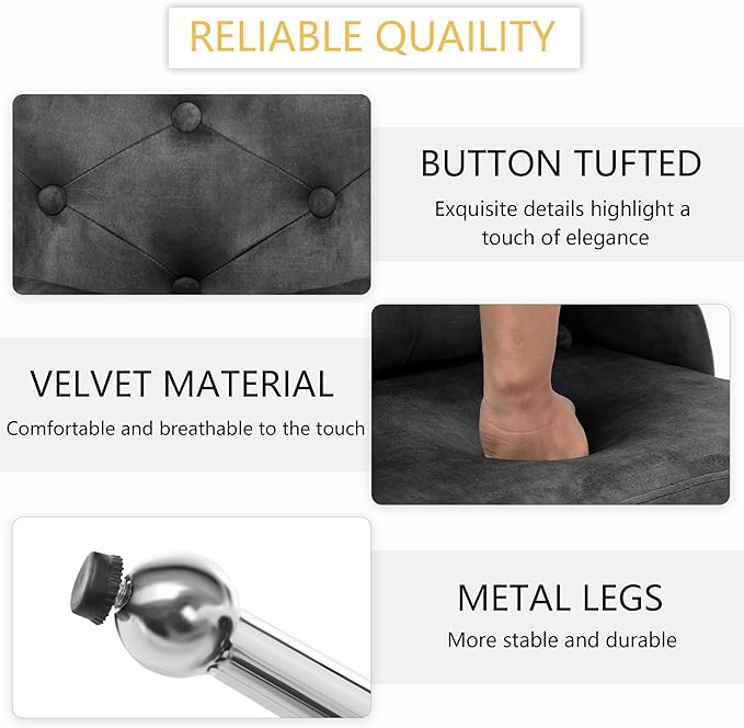 Velvet Vanity Chairs Upholstered Makeup Accent Reading Chair Office Desk Vanity Stool Chairs with Metal Legs for Kitchen Bedroom Living Room Dark Grey