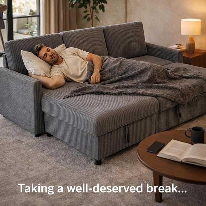 JAMFLY Pull Out Sleeper Sofa Bed with Storage Chaise L-Shaped Corduroy Sectional Couch 3-Seater Convertible Sofa with Hidden Storage for Small Living Room Apartment Office Grey