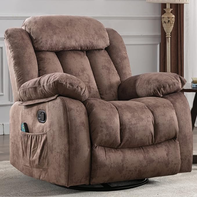 INZOY Rocker Recliner with Heat and Vibration Manual Swivel Rocking Chair with Vibrating Massage Comfy Padded Overstuffed Soft Fabric Heated Recliner (Brown)