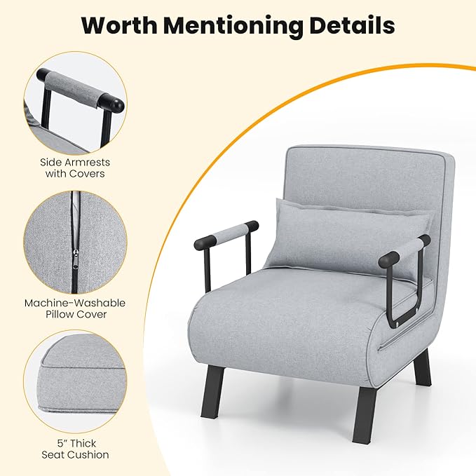 S AFSTAR 4 in 1 Convertible Sofa Bed Sleeper Chair Folding Sofa Arm Chair with Pillow and 6 Position Adjustable Backrest Full Padded Lounger Couch Bed for Home/Office (Light Grey)