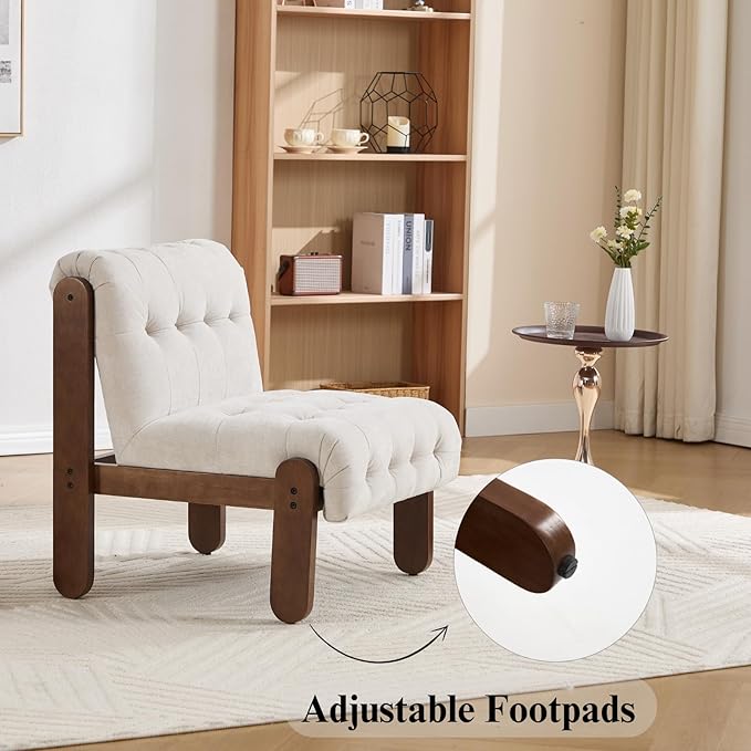 HEAH-YO Accent Chair Set of 1Modern Vintage Living Room Chair for Bedroom with Button Tufted Back and Wood LegsUpholstered Comfy Reading Chair for Makeup Vanity CafeChenille Beige