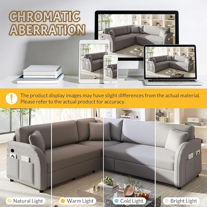 85'' L-Shaped Sectional Sleeper Sofa Bed 5-Seater Pull-Out Couch Bed with Comfy Teddy Fabric USB Ports Modular 3-in-1 Convertible Sleeper Couch for Living Room Apartment Light Grey | Teddy Uphols