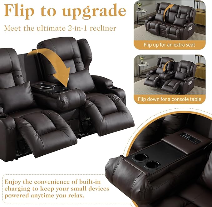 Loveseat Recliner Sofa with DIY LED LightsRV Couch Wall Hugger Recliners with Flip-up ConsoleReclining Loveseat Sofa Recliner with Smart LED Lights/Cup Holders/Lumbar PillowsRV FurniturePU Brown