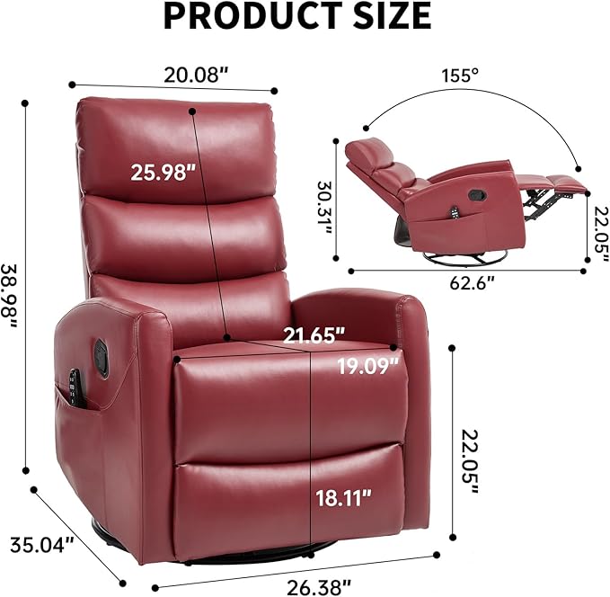 Massage Chair Recliner with Heat Swivel Rocking Chair Recliner with High Back Manual Lazy Boy Recliners for AdultsSmall Recliner Chair for Small Spaces Living Room Bedroom Fabric (Red)