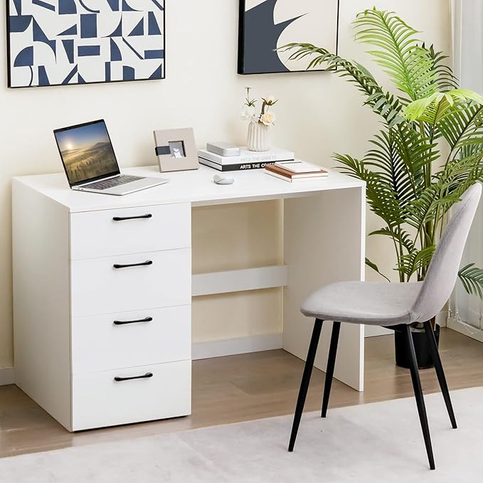 Tangkula White Desk with 4 Storage Drawers Home Office Writing Desk Modern Executive Desk Laptop PC Desk Vanity Makeup Table Computer Workstation for Bedroom Study Room Office