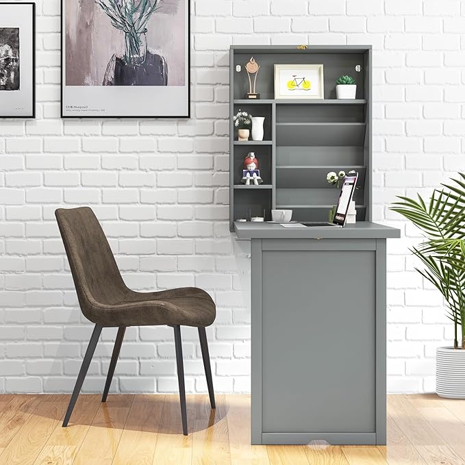 GOFLAME Wall Mounted Folding Desk with 3-Tier Tilt Storage Partition and Adjustable Shelves Space-Saving Convertible Writing Desk for Home Office Gray
