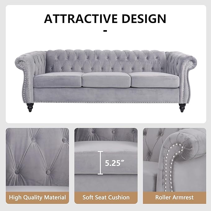 Chesterfield 3 Seater Sofa Sofa Couch with Rolled Arms Tufting Nailhead Trim Large Couch for Living RoomBedroom Office Apartment (Velvet Grey)