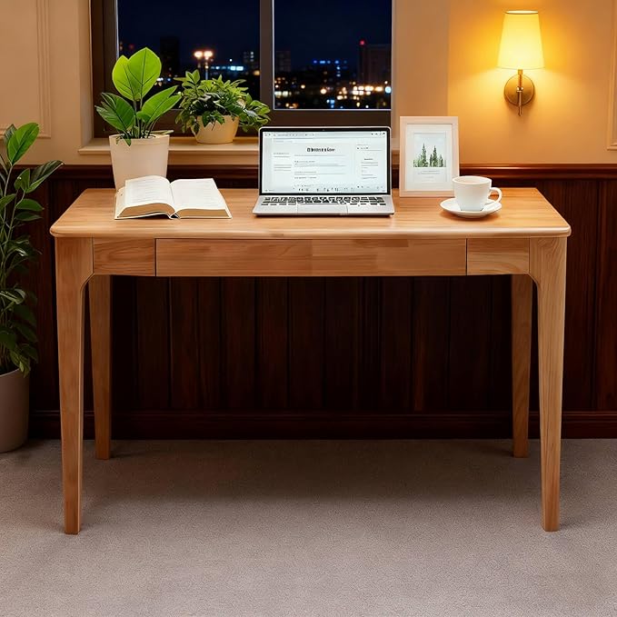 Solid Wood Desk40 Oak Wooden Desk with DrawersMid Century Modern Small Computer Desk with Drawers for Small Spaces Home Office Solid Wood Writing Desk (Wood Color-1 Drawers)