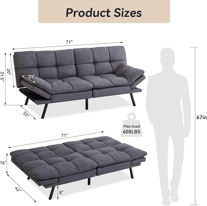 71 Convertible Futon Sofa BedLinen Fabric Futon Couch BedMemory Foam Sleeper SofaModern Folding Small Loveseat for Living RoomOfficeApartmentRetro Grey