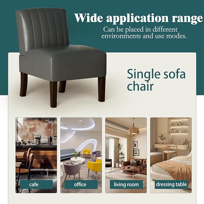 Armless Accent Chairs Upholstered Dining Chairs Living Room Chairs with Solid Wood Legs Leather Reading Chair for Adults Comfy Chair for Bedroom Vanity Kitchen (Asphalt)