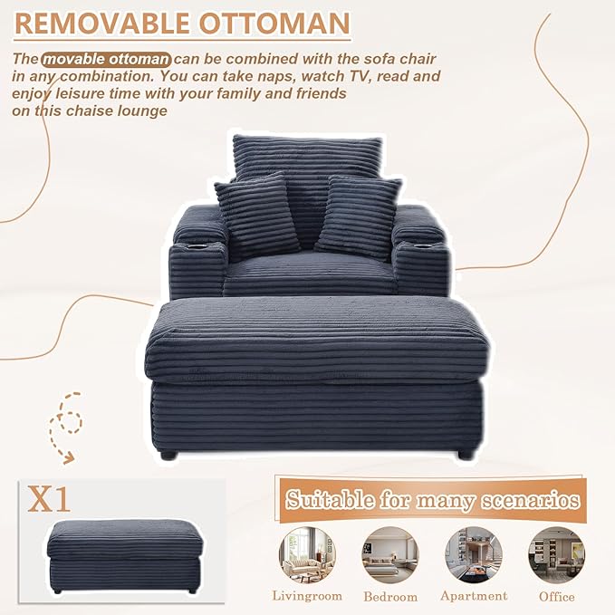 43.3”W Oversized Accent Chair with Ottoman &amp Storage Modern Corduroy Reading Chair with Cup Holder &amp Pillow Comfy Upholstered Deep Seat Armchair for Living Room Bedroom (Dark Grey)