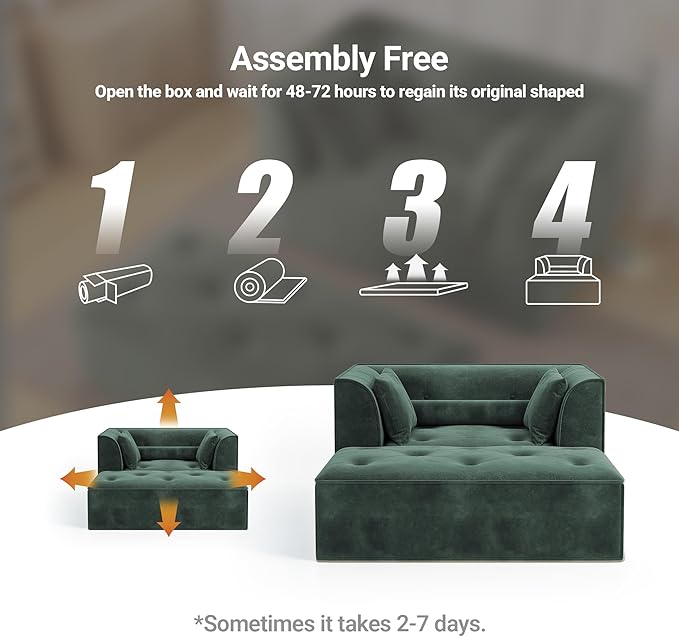 62 Chaise Lounge Chair IndoorDeep Seat Sleeper Sofa Cloud Couch with 3 Soft Pillows and OttomanComfy Cloud Seat for Living Room Apartment Office(Green Chaise Lounge+Ottoman)