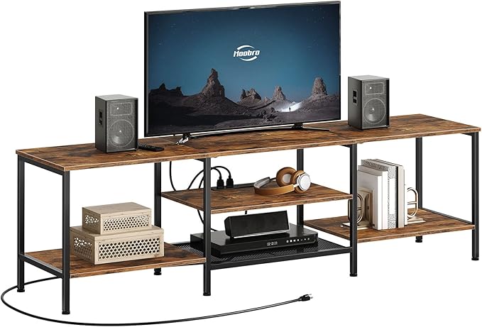 HOOBRO TV Stand with Power Outlets to 75 Inches TV Console Table with Open Storage Shelves Cabinet Industrial Media Entertainment Center for Living Room Bedroom Rustic Brown and Black BF80DS01