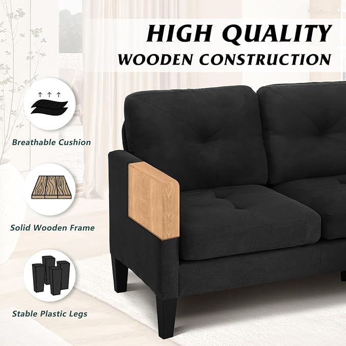 MAGIC UNION Sectional Sofa Set Convertible L-Shape Couch with Reversible Ottoman Modern Linen Fabric Sofa for Small Living Room Apartment Office (Black)