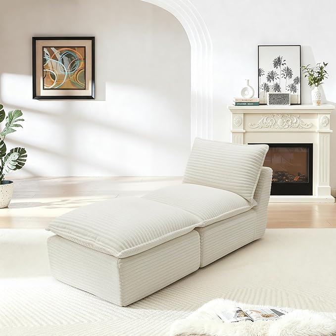 DEINPPA Modular Couch with Ottoman 2 Seat Cloud Sofa for Living Room Apartment Corduroy Upholstered Comfy Couch-White