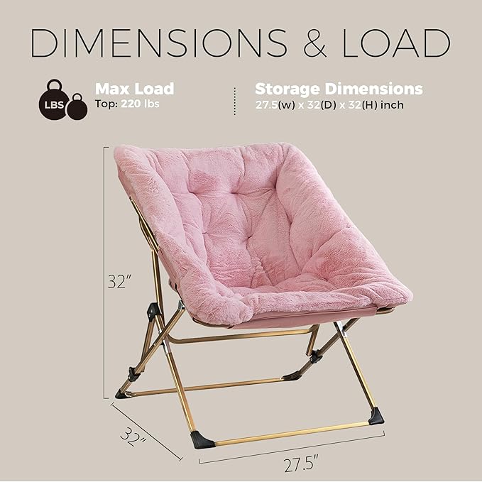 Walsham Folding Comfy Chair Faux Fur Soft Cozy Lounge Reading Papasan Chair for Adults Kids Bedroom Living Room Dorms Small Space Pink