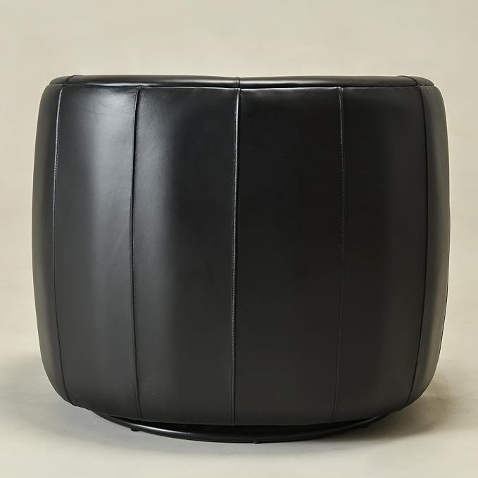 KINWELL 33'' W Top Grain Genuine Leather Swivel Barrel Armchair No Assembly Round Upholstered Leather Swivel Accent Chairs with Toss Pillow for Living Room Office Lounge (Black Genuine Leather)