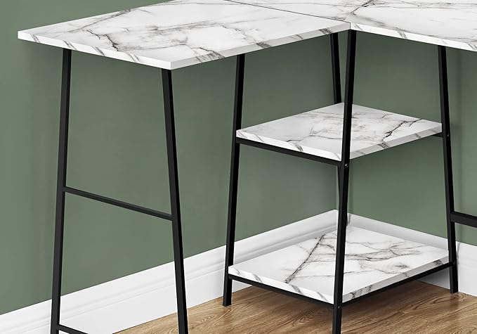 Computer Desk Home Office Corner Storage Shelves 48 l L Shape Work Laptop White Marble Look Laminate Black Metal Contemporary Modern