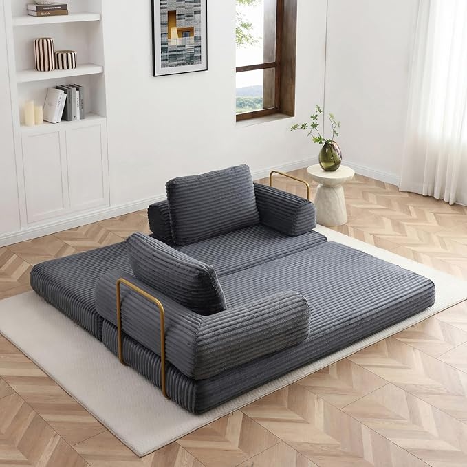 80” Convertible Sleeper Sofa Bed High Back Plush Corduroy Boneless Futon Loveseat with Pull Out Bed Fixed-Shape Folding Floor Mattress Couch No Assembly Required (Grey)