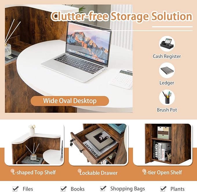 Reception Desk Front Desk Reception Counter with Oval Desktop Open Shelf &amp Lockable Drawer Small Retail Checkout Counter Table Wood Computer Workstation for Home Office Lobby &amp Salon