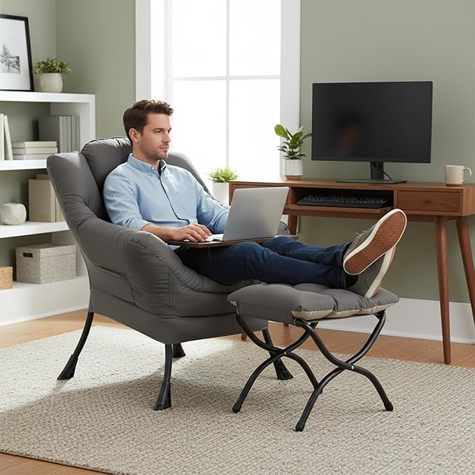 Welnow Lazy Chair with Ottoman Modern Accent Chair with Armrests and a Side Pocket Leisure Sofa Armchair Reading Armchair with Footrest for Small Space Dark Grey