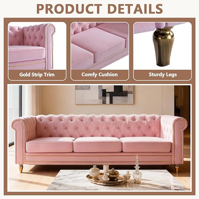 84 Velvet Sofa with Gold Legs Luxury Tufted Couch for Living Room Chesterfield Sofa with Thick Cushion Wide Armrest High-Density Foam Gold Strip Trim (Pink)
