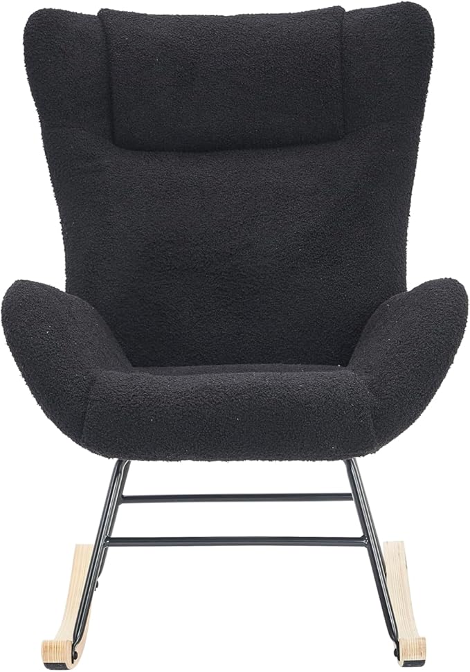 Rocking Chair Nursery Solid Wood Legs Reading Chair with Teddy Fabric Upholstered Nap Armchair for Living Rooms Bedrooms Offices Best GiftBlack Teddy Fabric