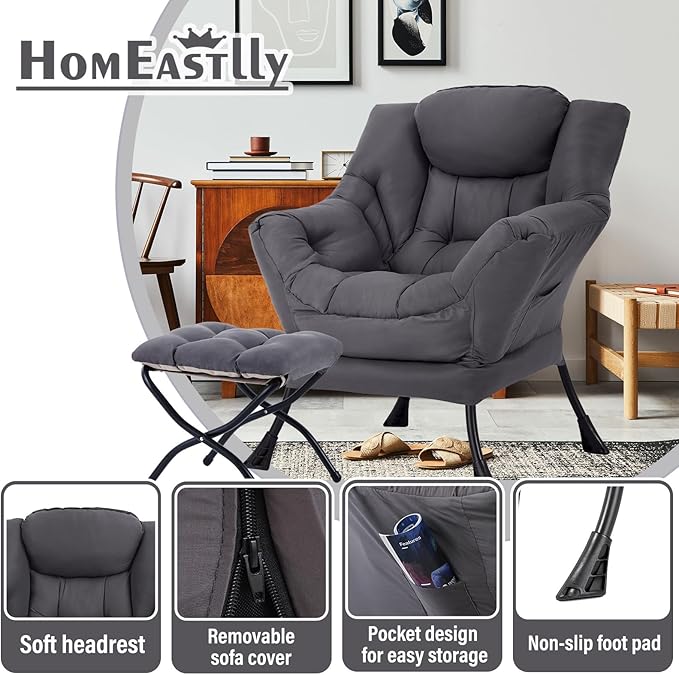 Lazy Chair with Ottoman Large Dark Grey Accent Chair with Ottoman Comfy Reading Armchair Leisure Sofa Chair for Living Room Bedroom Dorm Room Office