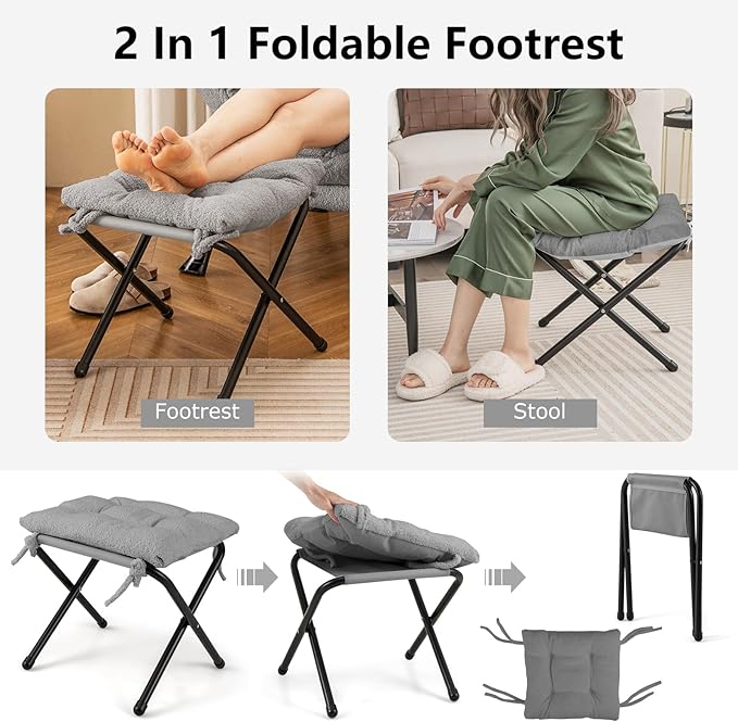 Giantex Set of 2 Lazy Chair with Folding Ottoman Modern Sherpa Accent Chair w/Armrests &amp Pocket Upholstered Single Sofa Chair Set Leisure Reading Lounge Chair for Living Room Bedroom (Grey)