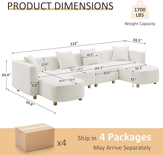 VANOMi 113 Sectional Sofa with 4 Pillows U-Shaped 4-Seater Comfy Boucle Cloud Couch Modern Double Chaises Lounge Sofas for Living Room Office Apartment (White-U)