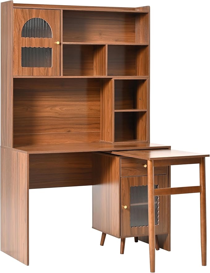 Computer Desk with 90 Degree Rotating DesktopOffice Desk with Storage Drawer and Cabinets Gaming Writing Desk for Study Home Office Bedroom Living (Walnut/90)