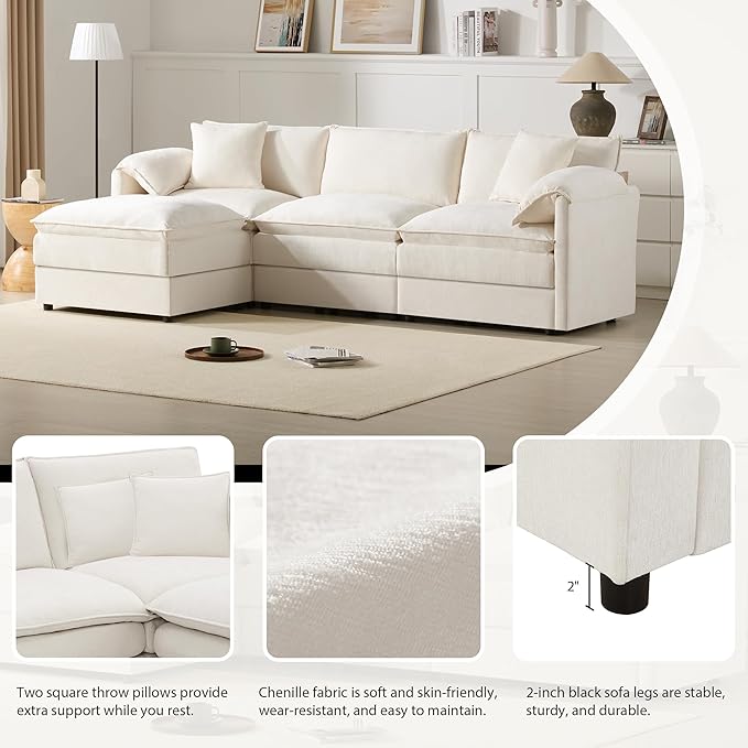 Merax Modern L Shaped Cloud Couch Set with Double Cushions 4 Seat Sectional Sofa Sleeper Bed with Movable Ottoman &amp 2 Pillows 103.5 Chenille Modular Sectional Sofa with Deep and Wide Seat Crea