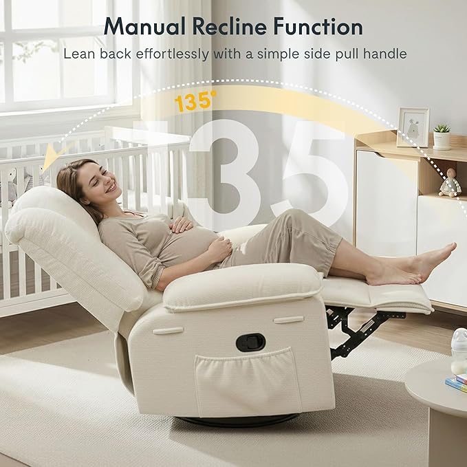 Softa Swivel Rocker Recliner for Adults Manual Reclining Chair with Massage &amp Heat Side Pocket Compact Nursery Glider Recliner for Living Room Bedroom or Apartment Beige