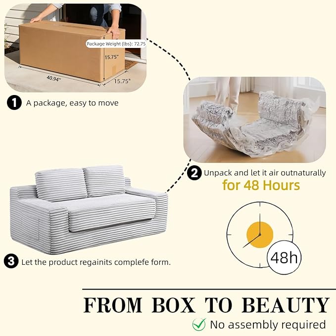 71 Corduroy Cloud Loveseat Sofa Bed Pull Out Convertible 2-in-1 Boneless Couch Deep Seat 2-Seater Design No Assembly Floor Sofa with Side Pockets for Living Room Bedroom Apartment (Grey)