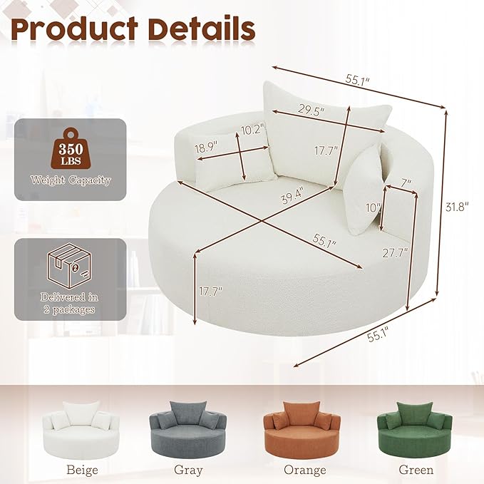 Antetek 360-Degree Swivel Accent Chair Oversized Modern Comfy Chenille Round Swivel Chaise Lounge Sofa Chair with Backrest Cushion &amp 2 Throw Pillows for Living Room Bedroom Office Beige