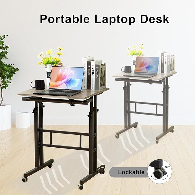 Hadulcet Mobile Standing Desk with Charging Station Adjustable Standing Computer Desk Standing Adjustable Laptop Cart with Wheels for Home Office Classroom Light Grey