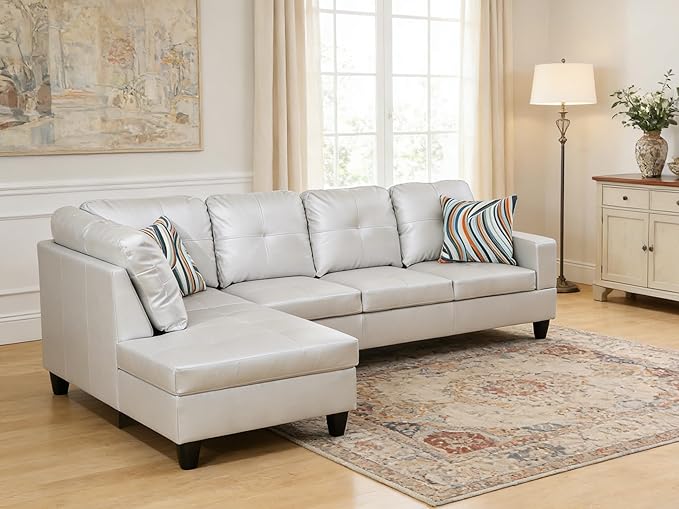 103.5 Inch Modern L-Shaped Couch PU Leather Sectional Sofa with Chaise Lounge 4-Seater Couch with Accent Pillows for Living Room Apartment Silver Grey