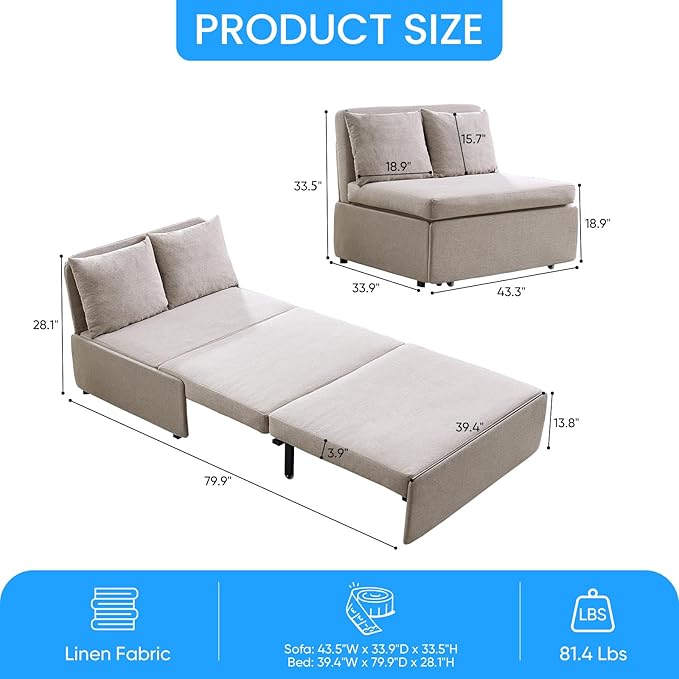 PUREMIND Twin Sofa Bed Twin Size Pull Out Sofa Beds with 2 Pillows&amp Tri-fold Mattress Linen Chair Bed Pull Out Couch Beds for Small Place Apartment Beige