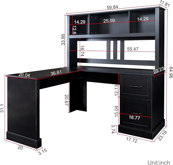 Merax Home Office Desk with Drawers and BookshelfL Shaped Computer Desk with Hutch64 Tall BookcaseWood Corner Desk with StorageBlack