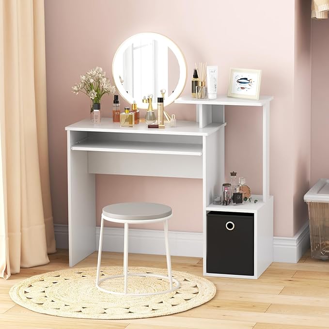 Computer Desk with Drawer 39.5’’ Writing Desk with Storage Shelf Keyboard Tray Study Table for Kids Rooms Wood Vanity Makeup Table Small Desk for Bedroom Living Room Home Office (White)