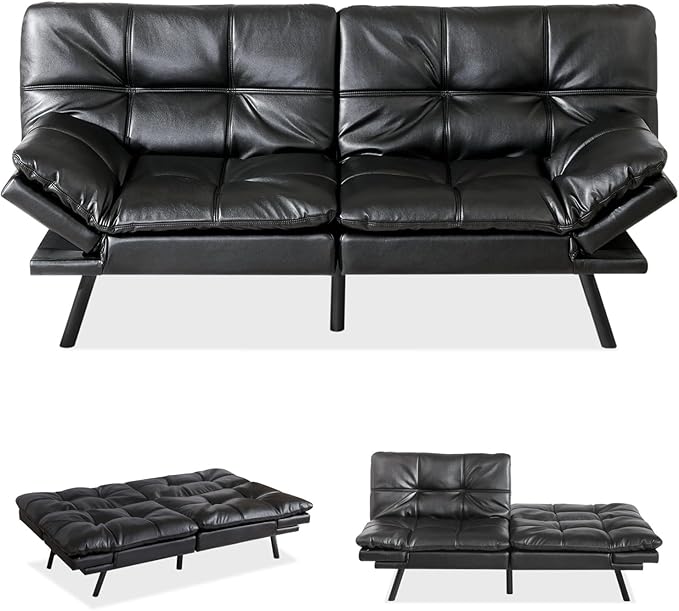 MUUEGM Black Futon Sofa Bed Leather Memory Foam Modern Office Couch Sleeper Bed Convertible Love seat Sofa for Small SpacesApartmentOffice with Adjustable Armrest Backrest