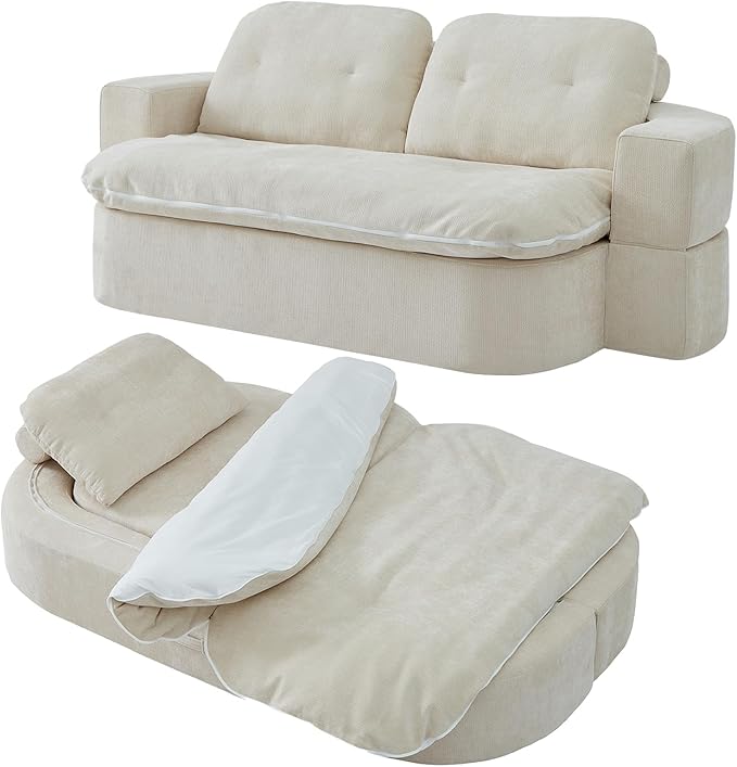 78.74 Convertible Sofa Bed Folding Loveseat Sleeper Sofa 2 in 1 Chenille Floor Couch Bed Foam Compressed Sofa with Pillows &amp Blanket for Living Room Apartment Studio Office (Beige)