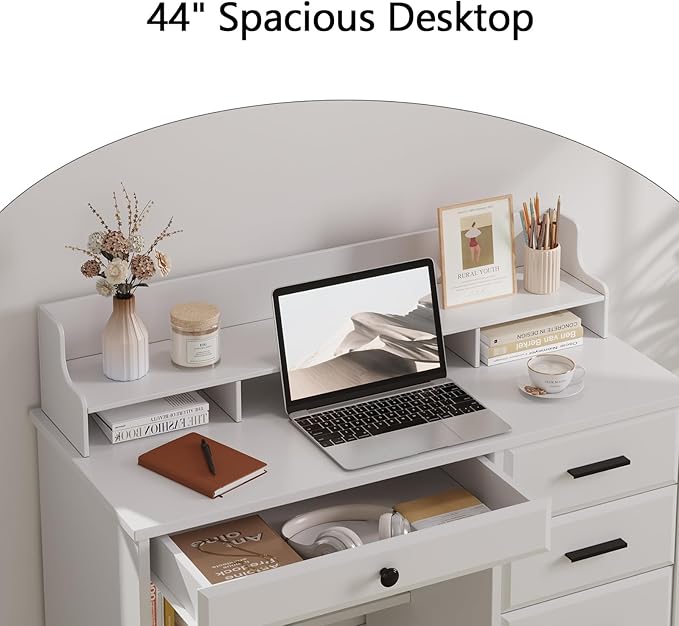 White Desk with Drawers Small Computer Desk with File Drawers for Bedroom Home Office Desk with Shelves and Monitor Stand for Writing Study Small Spaces