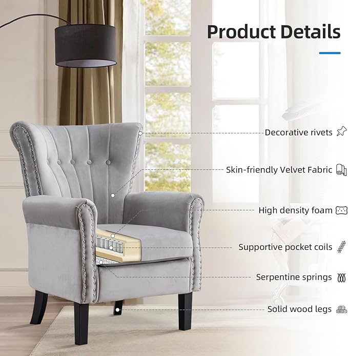 Velvet Accent Chair Single Modern Armchair with Riveted Decorative Mid-Century High Wingback Reading Chair Sturdy Sofa Living Room ChairsGrey