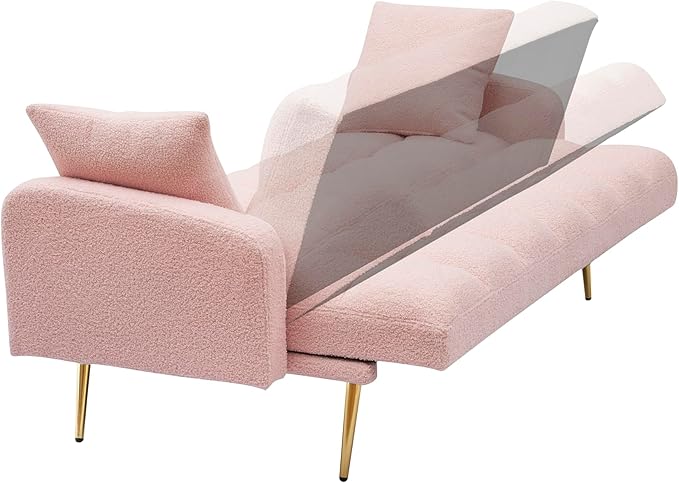 Convertible Futon Loveseat Couch Reversible Loveseat Folding Daybed Guest Bed Tufted Teddy Fleece Upholstered Convertible Sleeper Sofa Bed with Golden Metal Legs and 2 Pillows for Living Room Office