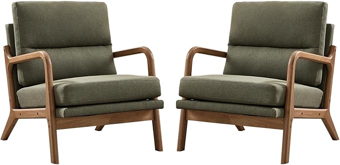 Mid Century Modern Accent Chair Set of 2 Linen Fabric Upholstered Lounge Arm Chair with Solid Wood Frame and Soft Cushion for Living Room Bedroom Balcony (1 Green)