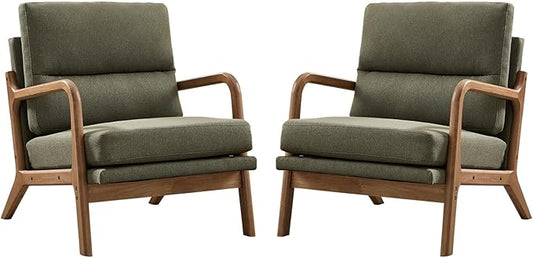 Mid Century Modern Accent Chair Set of 2 Linen Fabric Upholstered Lounge Arm Chair with Solid Wood Frame and Soft Cushion for Living Room Bedroom Balcony (1 Green)